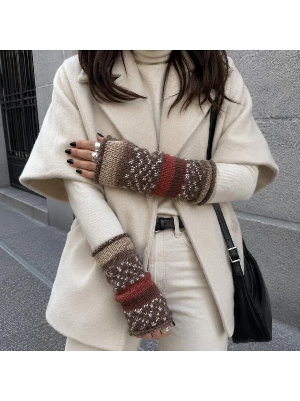 Cozy Handmade Knitted Fingerless Gloves - Winter Wool, Brown & Dark Orange